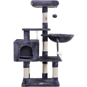 Heybly Cat Tree with Toy, Cat Tower Condo for Indoor Cats, Cat House with Padded Plush Perch, Cozy Hammock and Sisal Scratching Posts, Smoky Gray HCT004G