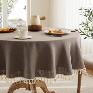 Linen Tablecloth with Tassels, Farmhouse Style Brown Tablecloth, Water Resistant Burlap Tablecloths for Round Table, 60 Inch Round Cocoa Brown