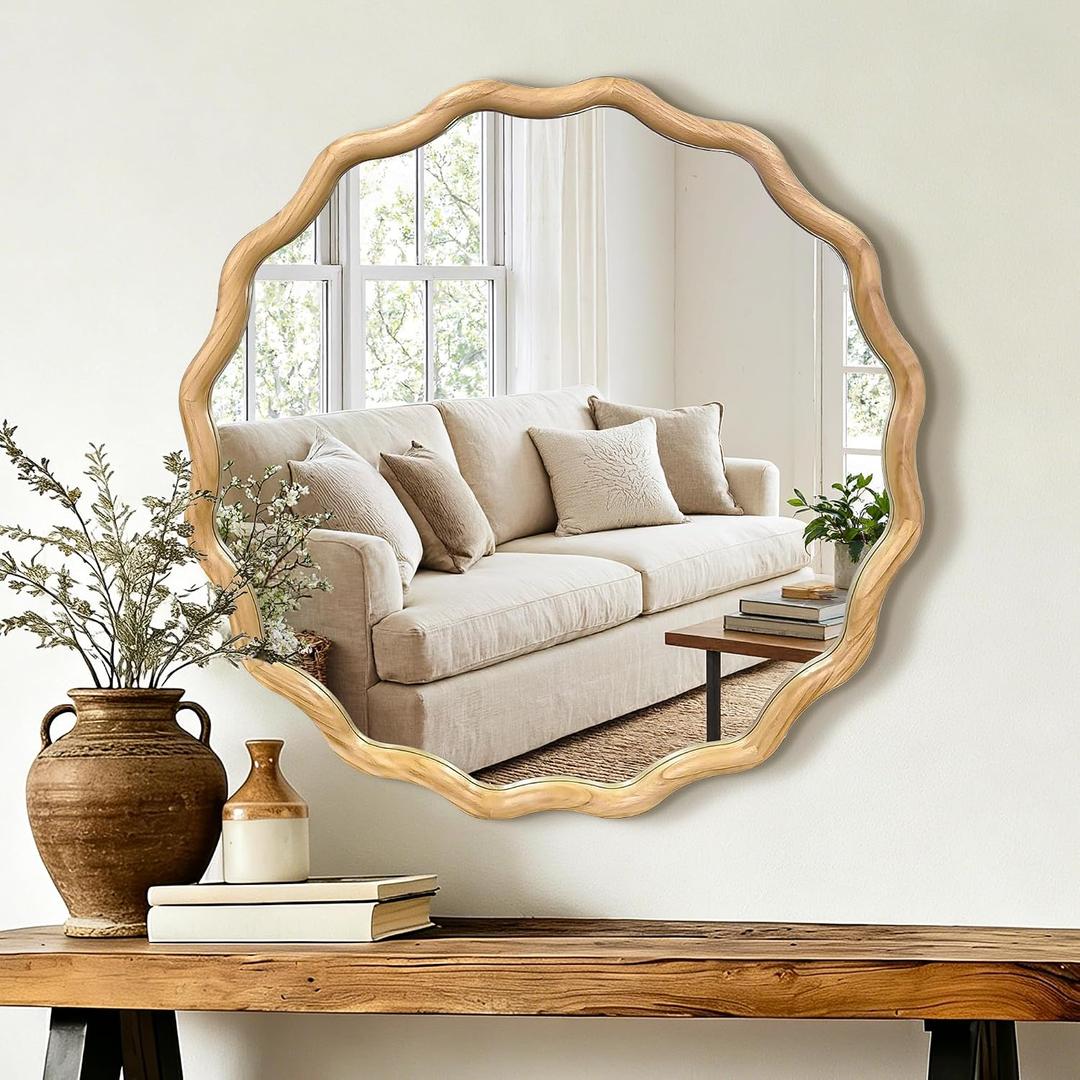 AMOISE Scalloped Round Mirror 28", Boho Wavy Wooden Frame Wall Mirror, Shatterproof Circle Accent Mirror for Bathroom, Bedroom, Entryway and Living Room