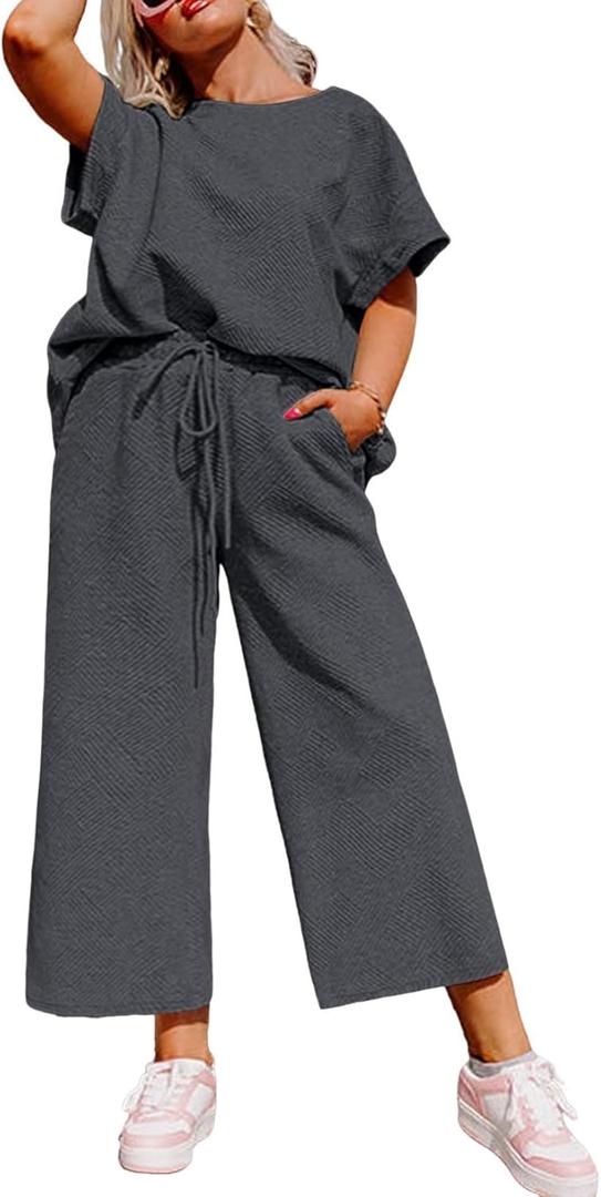 Eytino Plus Size Tracksuits for Women Casual Lounge Sets Crewneck Short Sleeve Tops Drawstring High Waist Wide Leg Sweatpants Lounge Sets with Pockets Medium Grey 1X