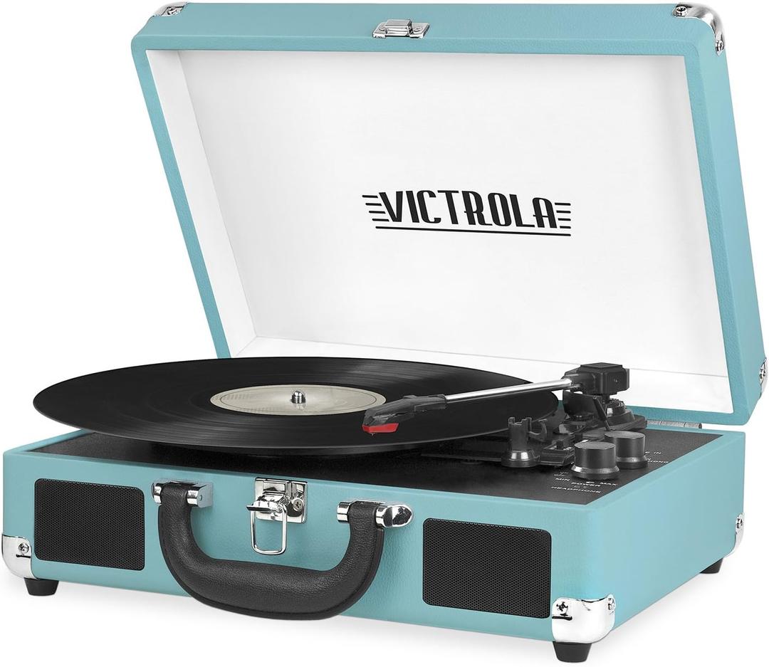 Victrola Journey Bluetooth Portable Suitcase Record Player  with Built-in Speakers, 3 Speed Vinyl Record Player, RCA Out, Headphone Jack (Aqua Turquoise)