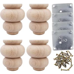 Btibpse Wood Furniture Legs 4 Inch Sofa Couch Chair Ottoman Loveseat Cabinet Legs Replacement Feet Unfinished Bun Foot Pack of 4