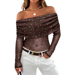 FEMLE Women Sparkly Off The Shoulder Sheer Mesh Tops Glitter See Through Long Sleeve Foldover Top Party Concert Outfits (M)