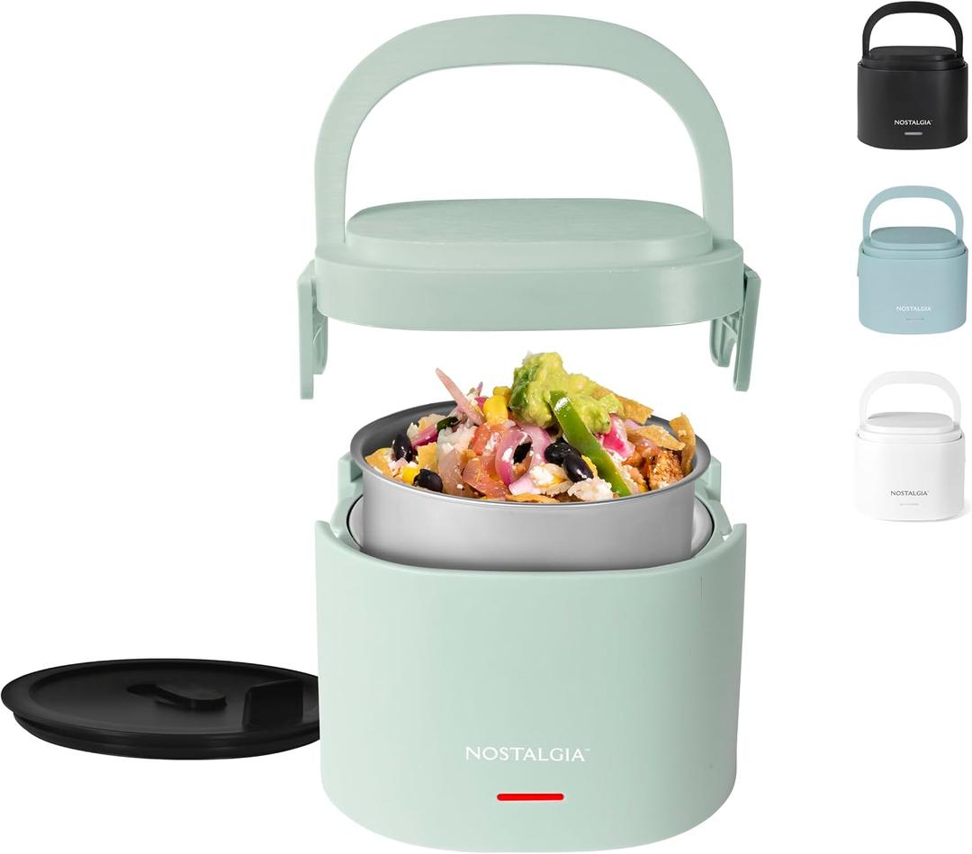 Nostalgia Portable 20-Ounce Electric Heated Lunch Box Travel Size 2.5 Cup Capacity for Soup, Chili, and Leftovers Leak Proof Silicone Sealed Lid, Foldable Carry Handle, Detachable Cord Sage