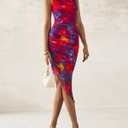 PRETTYGARDEN Women 2025 Summer Mesh Dress Spaghetti Strap Cowl Neck Print Ruched Bodycon Dresses Asymmetrical Long Dress (XL)