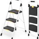 3 Step Ladder, Folding Steel Step Stool with Safety Lock, Anti-Slip Wide Pedals, Pass 800lbs Load Testing, Handrail, Heavy Duty Portable Ladder for Multi-Purpose, Indoor, Office, Kitchen (Black&white)