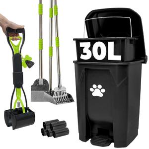 30L Pooper Scooper with Dog Poop Trash Can Outside, Heavy Duty Long Handle Dog Pooper Scooper with Bags, Outdoor Dog Waste Trash Can with Lid, Metal Rake Tray Bin Set for Yard