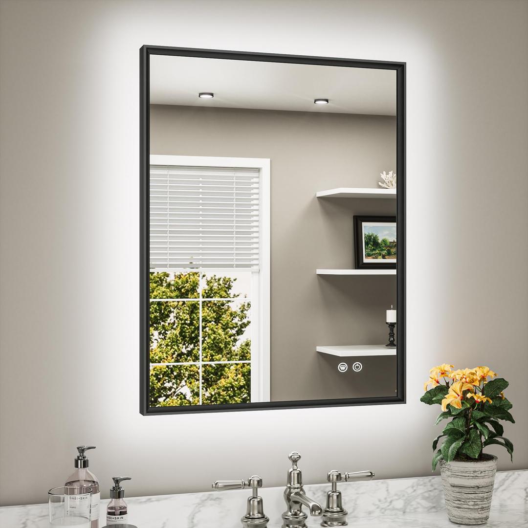 TETOTE 40 x 24 Backlit Mirror Brushed Black Metal Frame LED Light Vanity 3-Color White/Warm/Natural Stepless Dimmable Anti-Fog Backlight Mirror Wall-Mounted