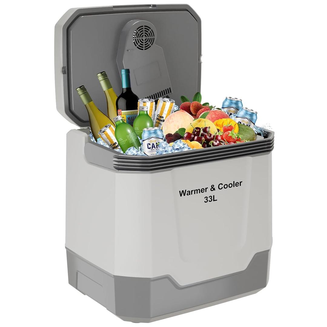 35 Quart (33 L) Electric Cooler & Warmer, Portable Car Refrigerator With Automatic Locking Handle, 12V Car Cooler for Vehicle & Trucks, 110V AC Home Power Cord, Plug In Coolers, Grey