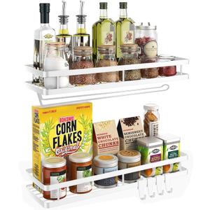 Spice Rack Organizer Wall Mount - 15.7in 2Pack [Upgraded Version] Hanging Seasoning Organizer Shelf with Paper Towel Holder, Storage for Cabinet or Wall Mounted with 4 Strong Hooks (Rice white)