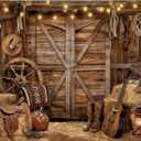 7 x 5 FT Rustic Western Barn Backdrop  Cowboy Country Farm Photography Background with Saddle, Hay, Boots, Lantern, and Wagon Wheel for Rodeo Parties, Western Birthday, and Barn-Themed Decorations