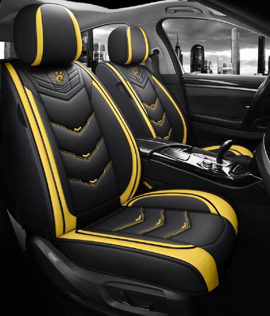 Comfortable Leather Auto Car Seat Covers Front & Rear Seat Protector Fit Sedan SUV 5 Seats Full Set Universal Fit (Black and Yellow, Full Set)