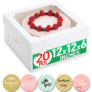 12x12x6 inch Cake Boxes 20 pcs, Large 12 inch Cake Box with Window for 6 Inch Tall Large Bakery Cakes, Pies, Sturdy Square White Cardboard, Cake Decorating Supplies (80 Pcs Stickers)