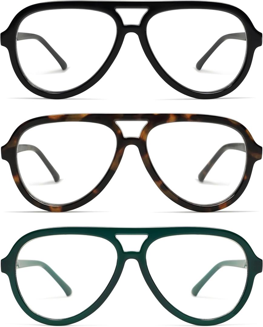 AMOMOMA 3 Pack Retro Aviator Reading Glasses for Women Men, Classic Large Oversized Reader Blue Light Computer Frame AM6111 C1+C2+C3 0.0X