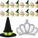 16 Pcs Witch Theme Party Decoration Witch Hat and Crown Cake Topper Pink and Green Party Cupcake Toppers for Halloween Movie Theme Princess Birthday Decoration Supplies