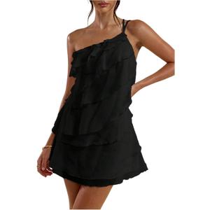 SOLY HUX Women's Mini Dress One Shoulder Ruffle Mesh Dresses Layered Backless Vacation Party Sundresses (Black, XXL)
