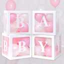 RUBFAC Baby Boxes for Baby Shower Decoration with 8 Letters and 36 Balloons 4pcs Clear Balloon Boxes BABY Blocks for Girls Birthday Party Decorations(Pink)