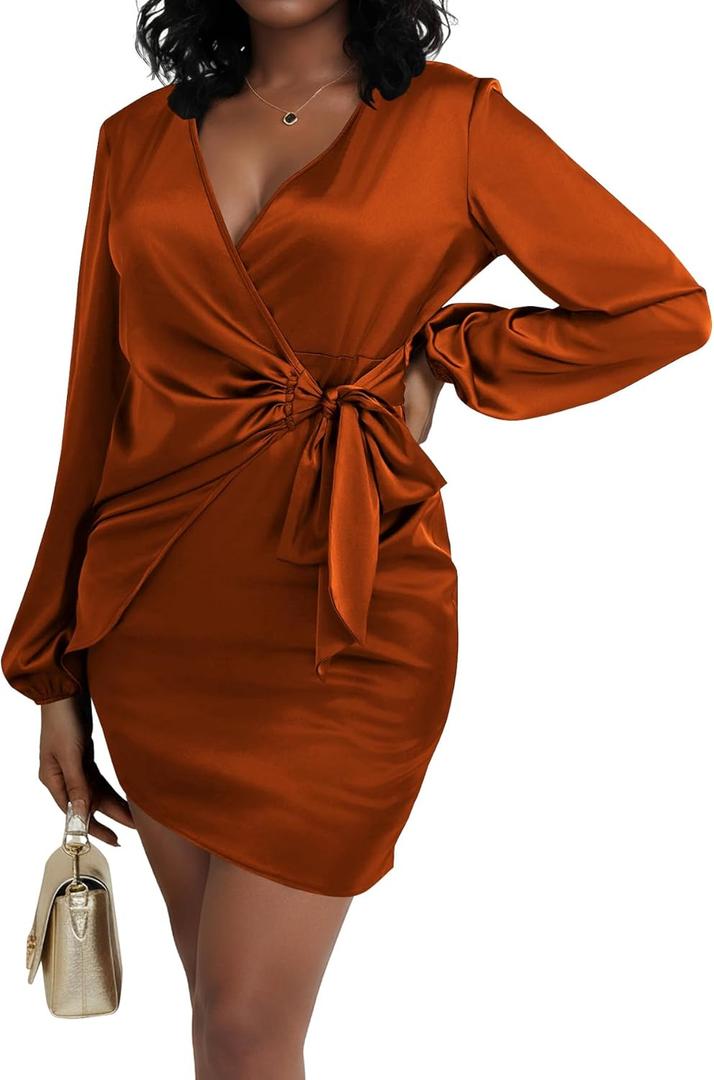 LYANER Women's Satin Silky Wrap V Neck Tie Waist Long Sleeve Mini Short Dress (Large)
