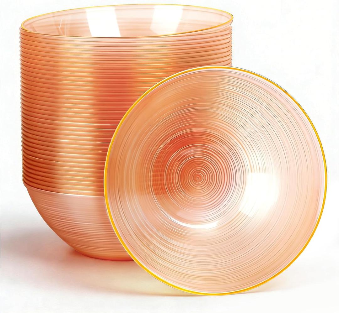 50 Pack 16 Oz Plastic Bowls with Gold Rim, Disposable Soup Bowls, Heavy Duty Dessert Bowls for Mother's Day, Parties, Wedding and Everyday Use, Orange, 50PCS