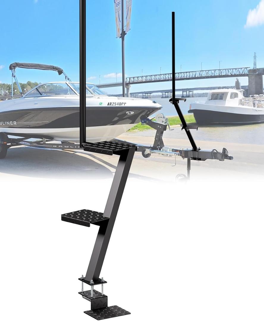 Boat Trailer Steps with Safety Grab Handle  3-Step Universal Steps for Bass, Pontoon & Hunting Boats, Heavy-Duty 400lb Capacity, Powder-Coated Solid Steel, Easy Installation on Trailer Tongue