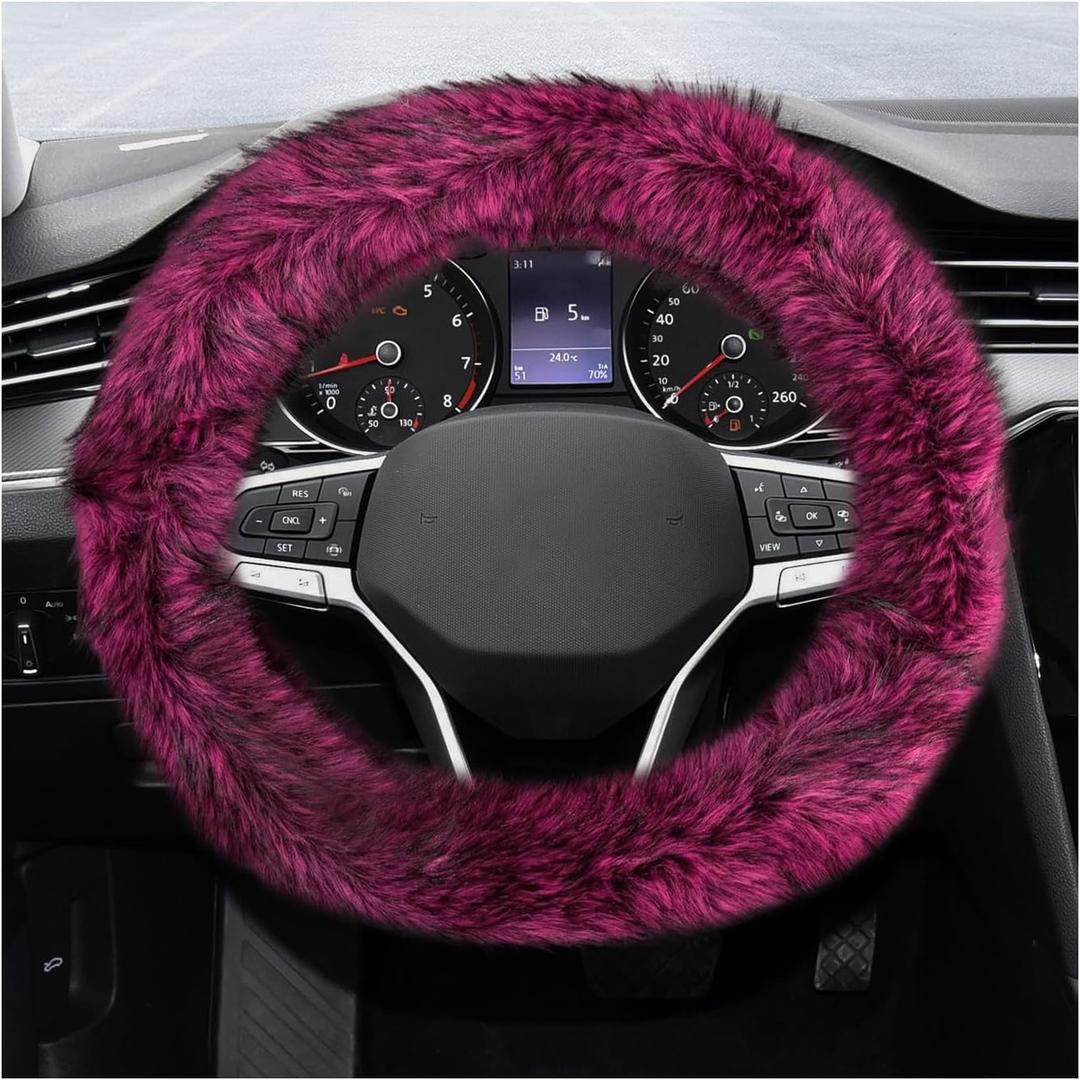 Fluffy Steering Wheel Cover, 15 Inch Anti-Slip Microfiber Plush Fuzzy Steering Wheel Cover, Winter Warm Elastic Fuzzy Steering Wheel Covers for Women and Men, Car Accessories (Rose Red)