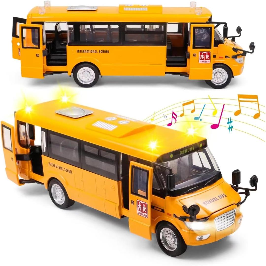 School Bus Toy for Toddlers - 9" Die-cast Pull Back Cars with Sounds Lights and Openable Doors, School Bus Toys for Kids Ages 4-8