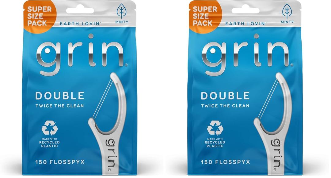 GRIN Double Flosspyx, Floss Picks, 150 ct, Dental Flossers, Minty Flavor, Recycled Plastic, 2 Lines of Strong Floss, Longer Floss Head, Traps Food and Plaque, Includes Safe Soft Fold-Back Tooth Pick