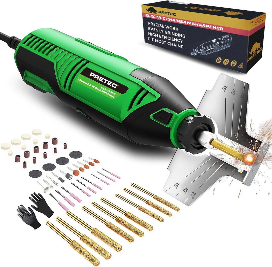 Electric Chainsaw Sharpener Kit  Multi-Purpose Chain Saw Sharpener Tool with Diamond Sharpening Wheels, Angle Attachment and Wrench for All Chainsaw Chains (54-Piece Accessories) (Green)