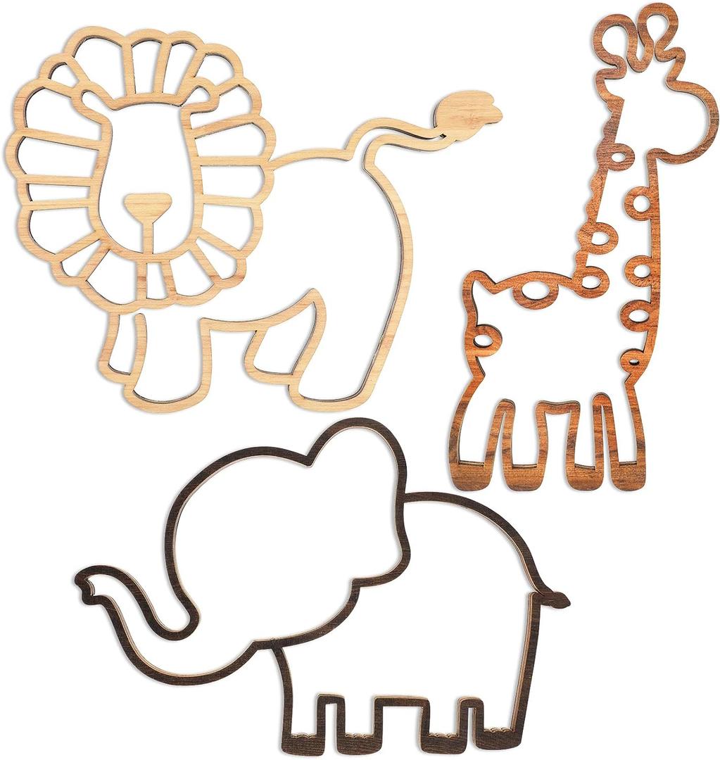Yulejo 3 Pieces Nursery Wall Decor Jungle Theme Nursery Decoration Wooden Woodland Safari Animal Wall Decor with Glue Points for Bedroom