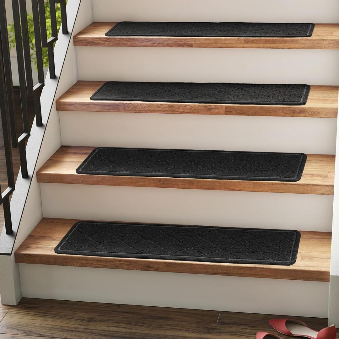 RIOLAND Carpet Stair Treads for Wooden Steps Indoor 9" x 36" Non Slip Stair Treads for Wood Stair with Reusable Adhesive, 15 Pack Peel and Stick Stair Runner for Kids Elders and Dogs