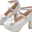 Mary Janes for Women Platform Heels Bow Kawaii Shoes Vintage Dress Pumps (6.5)