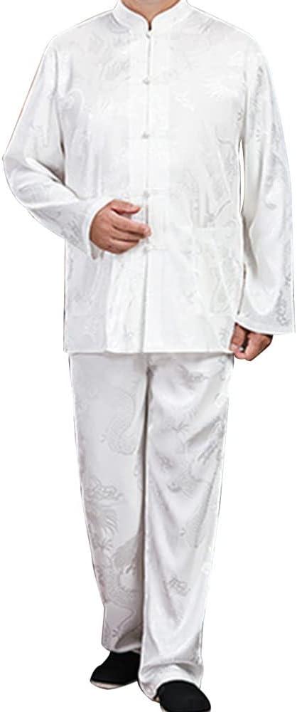 YEMYIQZ Kung Fu Uniform for Men Shirt Suit Chinese Traditional Tang Hanfu Martial Arts Wing Chun Tai Chi Training Cloth Jacket Pants (as1, alpha, L, regular, regular, White)