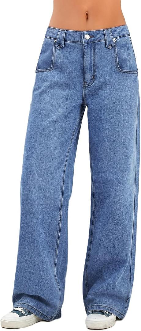 EMMIOL Baggy Straight Leg Jeans, Y2K Vintage Distressed Loose Fit, Large Pocket Boyfriend Wide Leg Trousers, Vintage Blue (Blue)