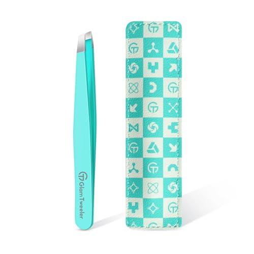 Expert Eyebrow Hair Removal Tweezer with Leather Case, GlamTweeler High Precision Slant Tip Stainless Steel Tweezers for Men and Women (Robin's Egg Blue)