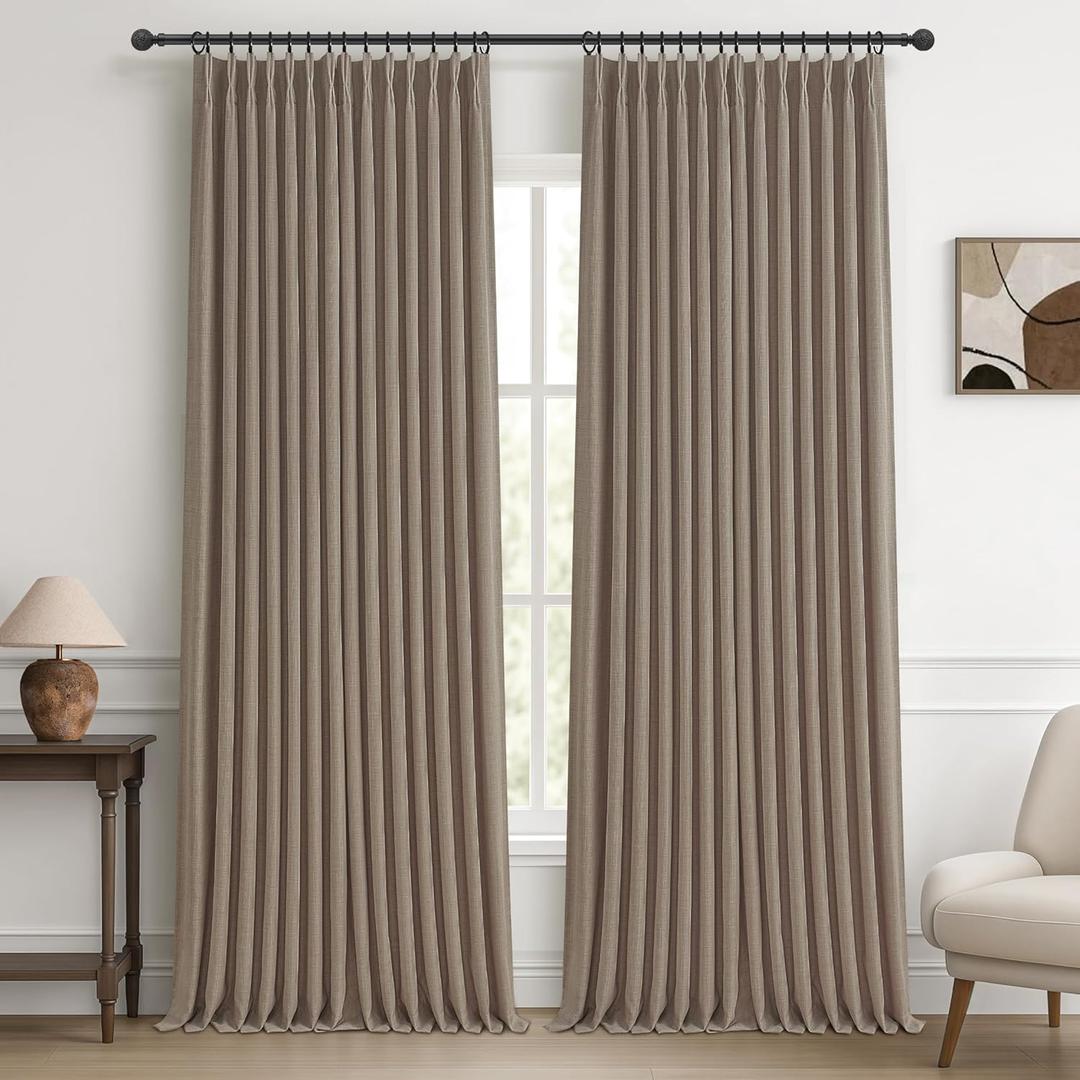 Pleat Dark Tan Ceiling Drapes 108 Inches Long 2 Panels Set for Living Room, Lush Decor Memory Shape Pinch Pleated Black Out Linen Blend Large Window Curtains Privacy with Hooks Rings for Office 9 FT