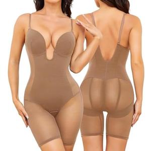 Slimers Body Shaper for Women Tummy Control U Plunge Backless Full Body Shapewear Mid Thigh Mesh Strapless Bodysuit Top L