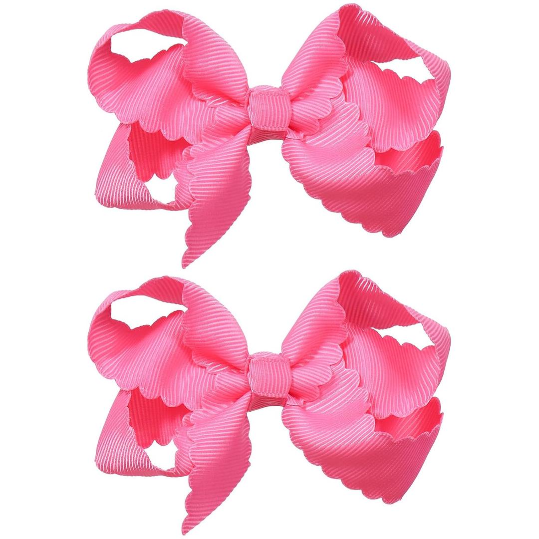 Everyday Hair Bows for Girls,2Pcs 3in Hot Pink Boutique Grosgrain Ribbon Scalloped Hair Bow Alligator Clips Barrettes,Valentines Party Dress Accessory Birthday Gift for Toddlers Teens