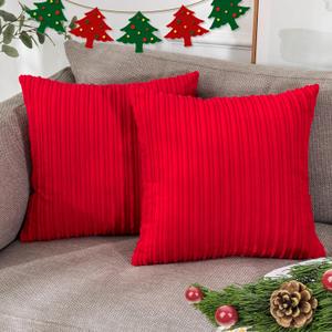 UGASA Corduroy Striped Soft Decorative Throw Pillow Covers Soild Square Set Cushion Cases Christmas Decor Pillowcases for Sofa Bedroom, 2 Pcs, 16x16inch, Red