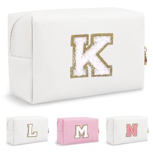 Personalized Small Travel Preppy Makeup Bag,Chenille Letter White Initial Cosmetic Pouch Travel Toiletry Organizer, Waterproof PU Leather Makeup Storage Birthday Gift for Women Best Friends(Letter K)2 Bag