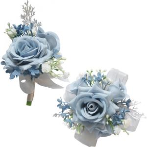 Corsage and Boutonniere Set for Bride Groom Bridesmaids Groomsmen Wedding Homecoming Flowers Prom Suit Accessories (Dusty Blue)