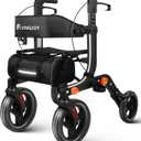 Lightweight Rollator Walker with Seat for Seniors, Foldable Rolling Walker with 10" Large All-Terrain Puncture-Proof Tires, Adjustable Height, Hand Brakes, and Storage Bag (19.58 lbs) (74a - Black (10" Front and 8" Rear Wheel))