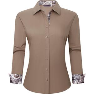 Esabel.C Womens Dress Shirts Cotton Long Sleeve Stretch Button Down Blouse | Cotton for Soft, Regualr Fit, Comfortable, Button Up Contrast Collar, No-iron, Ideal for Work, Casual & Daily Wear (Brown, L)