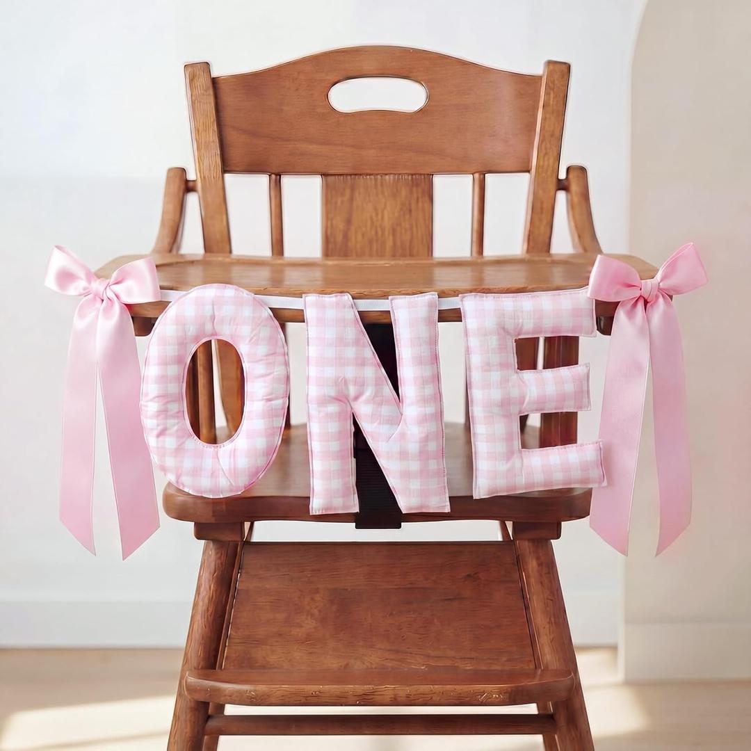 Suncalla Pre-strung Fabric Happy Birthday Banner Felt One High Chair Banner 1st First Birthday Bunting Garland Decorations for Party Photo Home Backdrop(Bow One,Pink,White)
