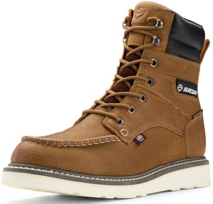 SUREWAY Men's 8" Waterproof Soft Toe Work Boots,Construction Industrial Safety Boot,Breathable Leather with Moc Toe,Slip Resistant Wedge Outsole and Comfort Insole,EH Rated,Lace Up 8.5