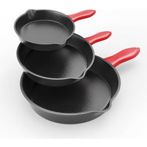 6/8/10 Inch Cookware Set, Seasoned 3 Set, for Frying, Saute, &More, for Oven, Stove, Grill, or Campfire, Black, with Silicone Handle Grip Covers