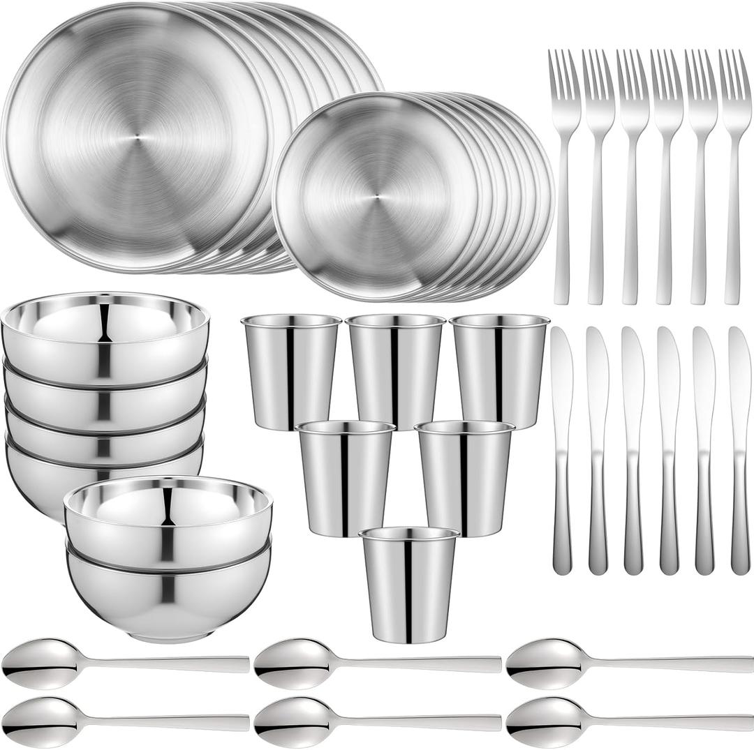 Jinei 42 Pcs 304 Stainless Steel Dinnerware Set 10 Inch 7 Inch Stainless Steel Plates Bowls Cups Forks Spoons and Knives Sets Reusable Metal Camping Dinnerware for Home Outdoor Picnic Kitchen