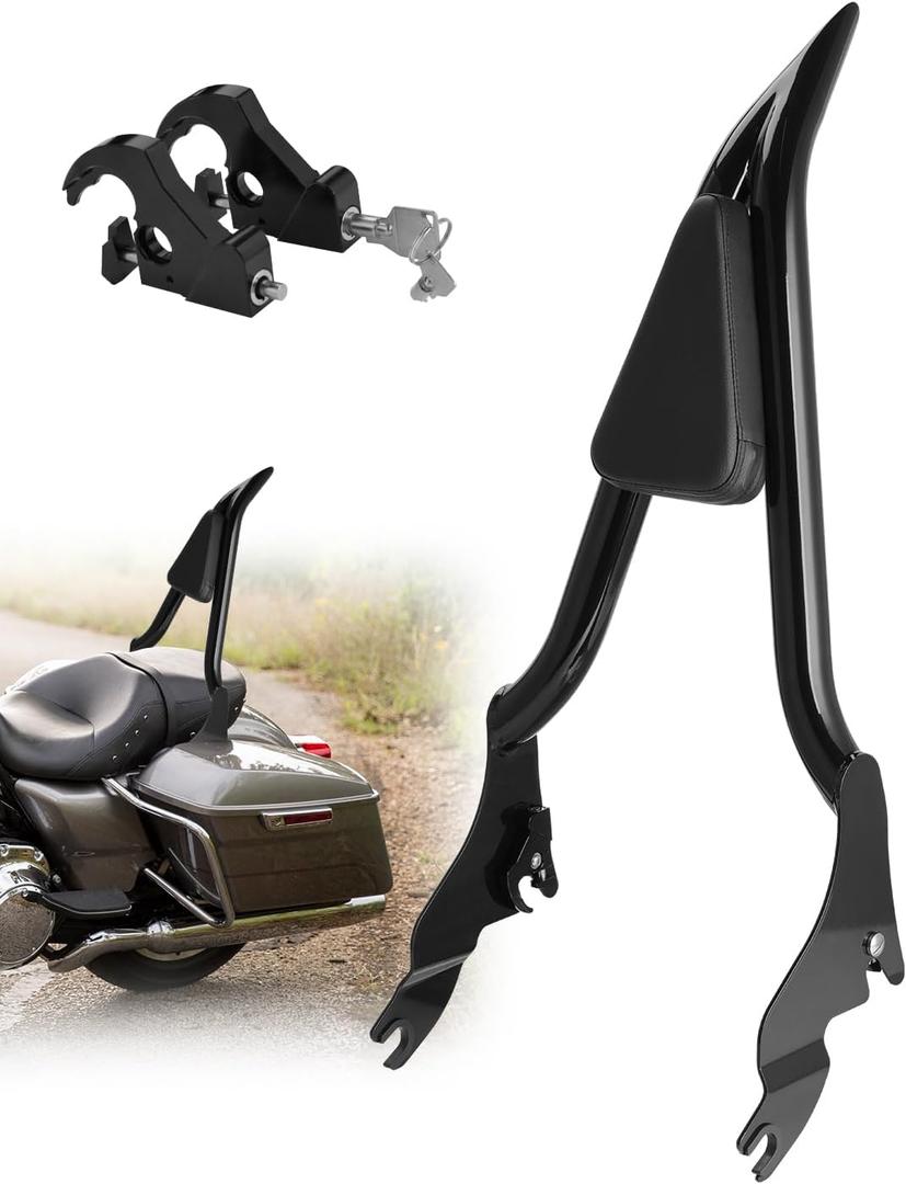 28" Motorcycle Backrest Sissy Bar Rear Passenger Backrest with Pad Locked Rotary Docking Latches Clips Keys Fit for Harley Touring Road King Road Glide Street Glide Electra Glide 2009-2025