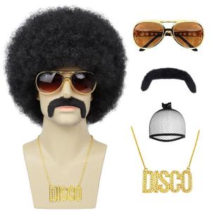 Mens Afro Wigs for 70s Rocker Disco Party 5pcs Set (Wig+ Glasses+ Disco Necklace+ Mustache+ Wig Cap) Afro Puff Wigs for 70s 80s Halloween Costume Cosplay Party Use (Black)