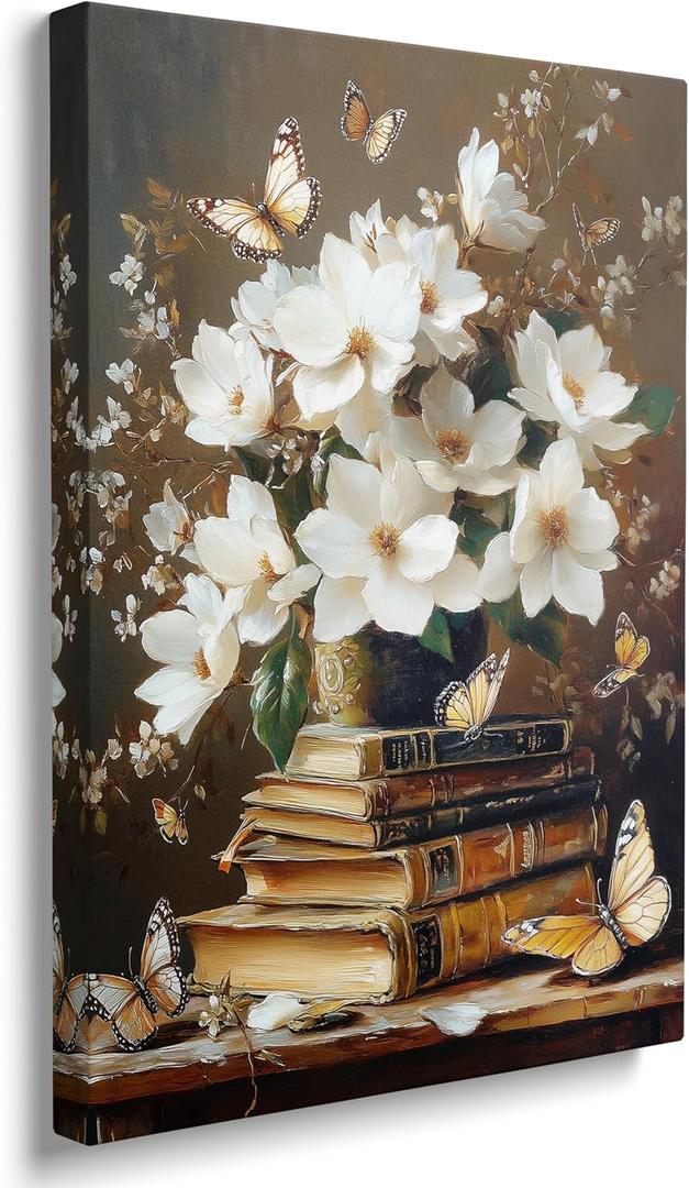 Framed Floral Book Butterfly Vintage Picture Wall Decor Gift Retro Bible Print Poster Rustic Painting Flower Canvas Wall Art for Living Room Bedroom Artwork (12"x16")