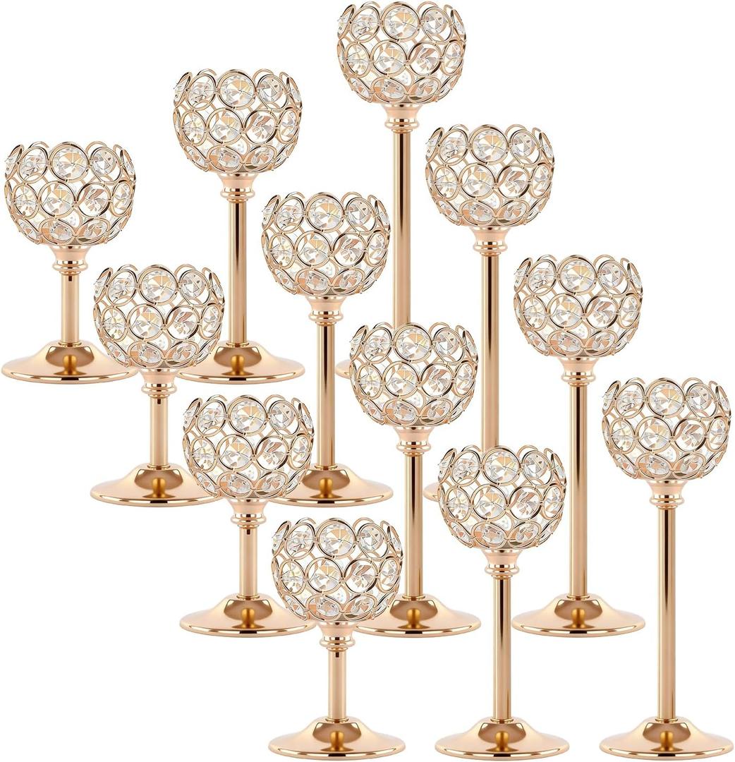 Gold Crystal Tealight Candle Holders Set of 12 (4 Sets) - Tall Bling Bowl Candelabra Centerpieces for Dining Table, Wedding, Party & Fireplace Mantel Decor